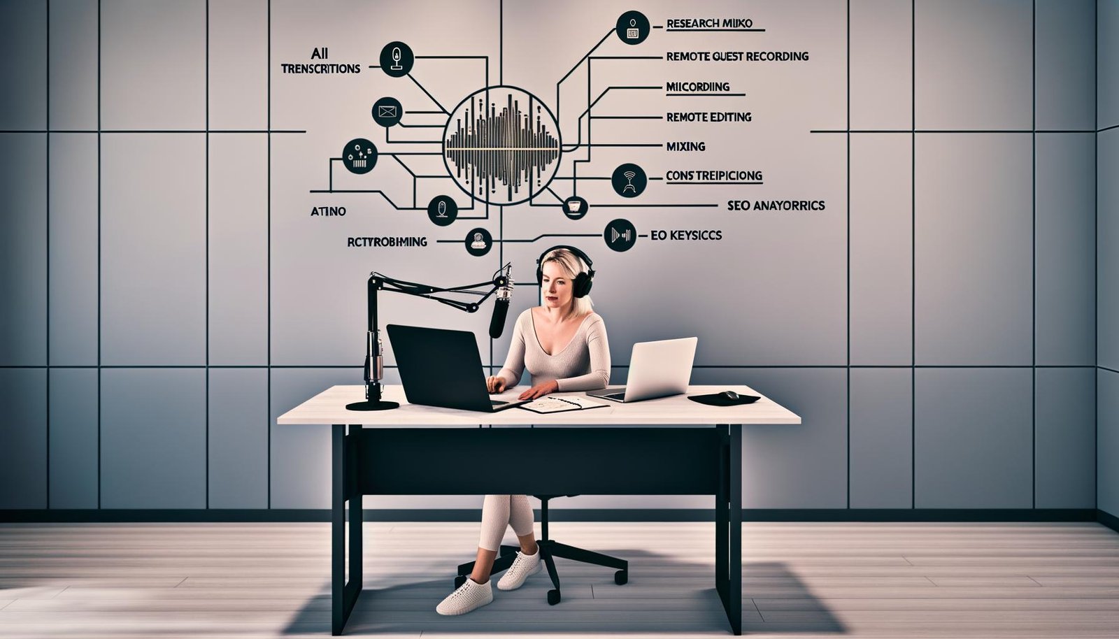 Host in modernem Podcast-Studio mit Shure SM7B am Gelenkarm, geschlossenen Kopfhörern, Laptop mit Wellenform-Editor, Notizblock mit Episodenplan und SEO-Keywords; an der Wand Workflow von Recherche bis Distribution, KI-Icons, automatische Transkription und Keyword-Cluster.