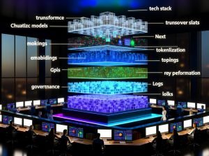 Transparenter, leuchtender KI-Tech-Stack im Büro: rohe Daten, Transformer, Embeddings/Tokenisierung, Governance, KPI-/Log-Dashboards; Teams prüfen Metriken.
