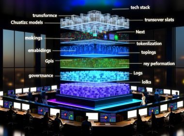 Transparenter, leuchtender KI-Tech-Stack im Büro: rohe Daten, Transformer, Embeddings/Tokenisierung, Governance, KPI-/Log-Dashboards; Teams prüfen Metriken.