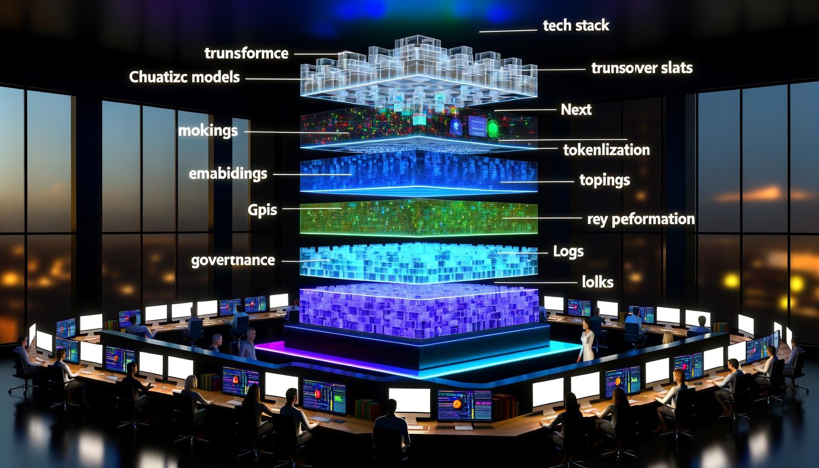 Transparenter, leuchtender KI-Tech-Stack im Büro: rohe Daten, Transformer, Embeddings/Tokenisierung, Governance, KPI-/Log-Dashboards; Teams prüfen Metriken.