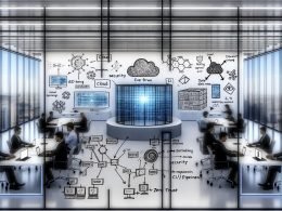 Agiles Team in modernem Glasbüro vor großem Bildschirm mit Architekturskizzen, Datenflüssen und CI/CD-Pipelines; im Hintergrund Cloud-, KI- und Security-Symbole sowie Whiteboards mit Event-Driven, Data Mesh und Zero Trust.