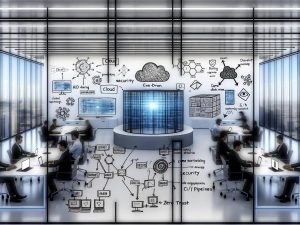 Agiles Team in modernem Glasbüro vor großem Bildschirm mit Architekturskizzen, Datenflüssen und CI/CD-Pipelines; im Hintergrund Cloud-, KI- und Security-Symbole sowie Whiteboards mit Event-Driven, Data Mesh und Zero Trust.