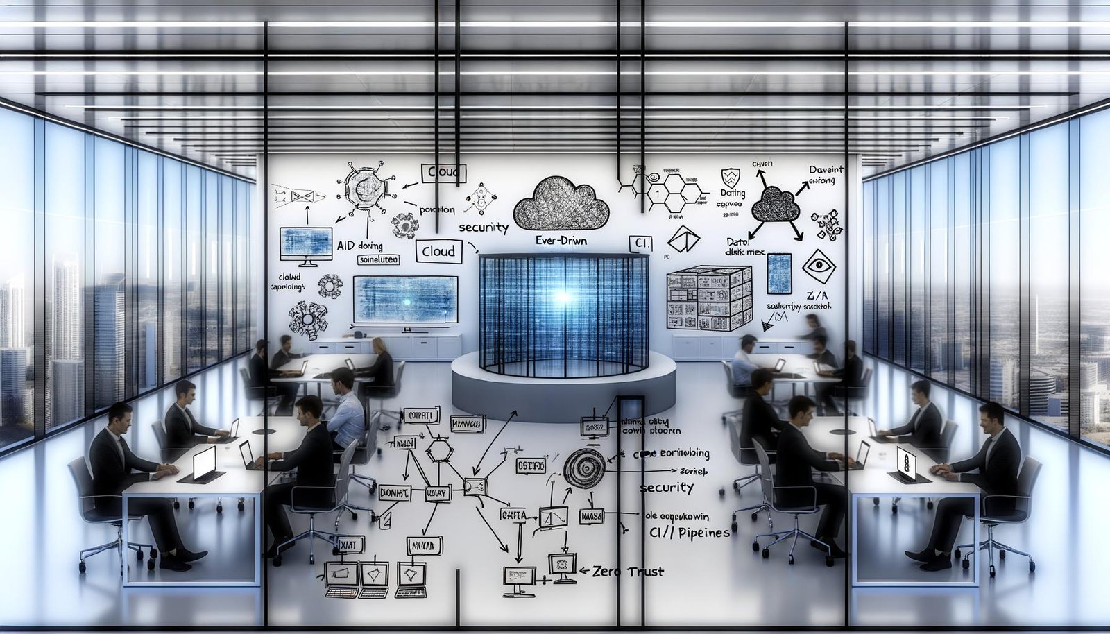 Agiles Team in modernem Glasbüro vor großem Bildschirm mit Architekturskizzen, Datenflüssen und CI/CD-Pipelines; im Hintergrund Cloud-, KI- und Security-Symbole sowie Whiteboards mit Event-Driven, Data Mesh und Zero Trust.