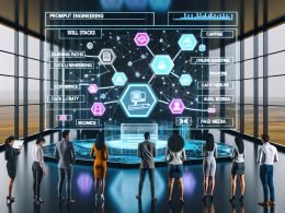 Futuristische Lernumgebung mit schwebender UI für Online-Marketing; Fachleute interagieren mit Icons zu Prompt Engineering, Data Literacy, SEO und Paid Media; KI-Datenströme und Compliance-Server im Hintergrund.