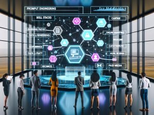 Futuristische Lernumgebung mit schwebender UI für Online-Marketing; Fachleute interagieren mit Icons zu Prompt Engineering, Data Literacy, SEO und Paid Media; KI-Datenströme und Compliance-Server im Hintergrund.