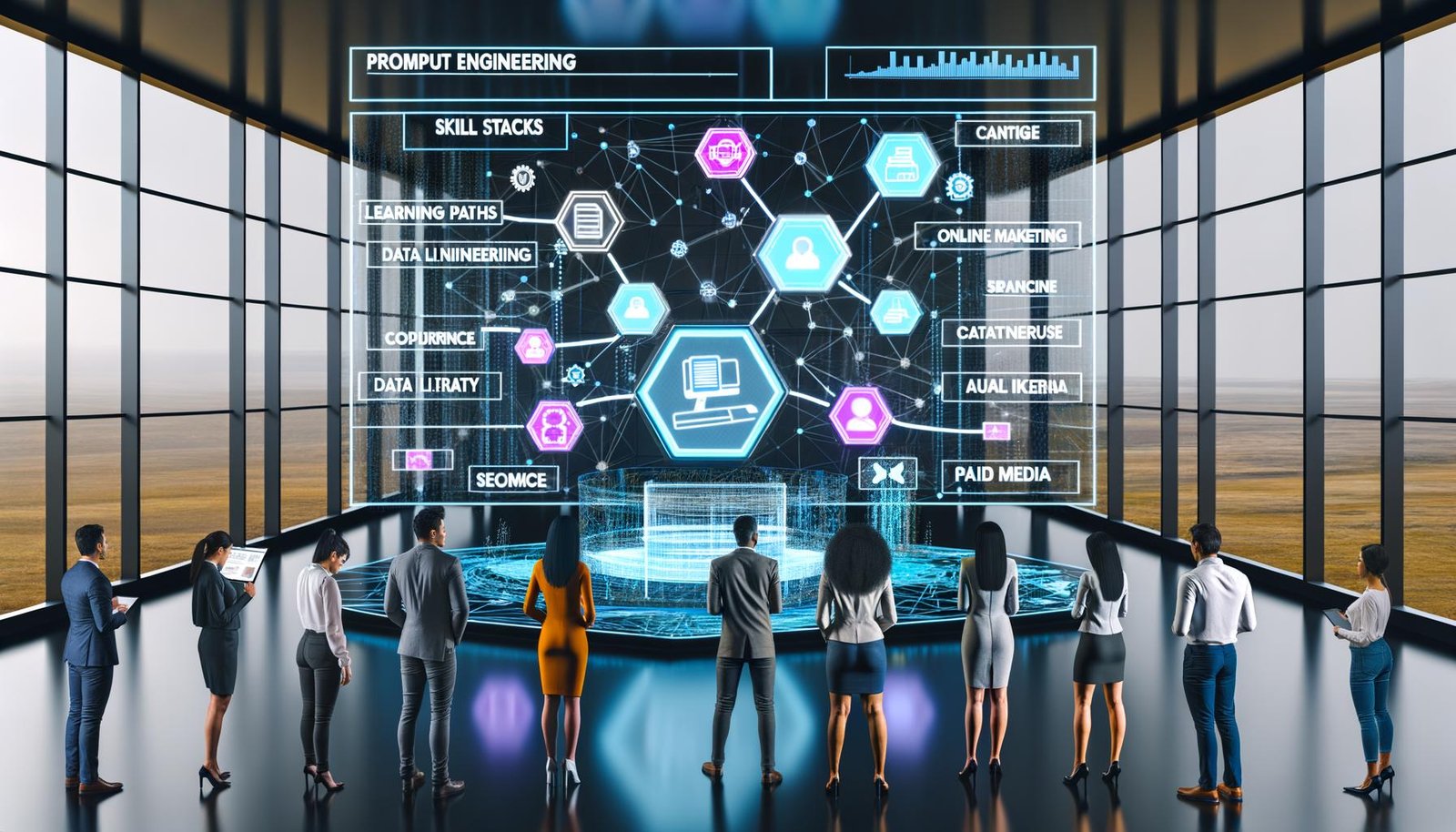 Futuristische Lernumgebung mit schwebender UI für Online-Marketing; Fachleute interagieren mit Icons zu Prompt Engineering, Data Literacy, SEO und Paid Media; KI-Datenströme und Compliance-Server im Hintergrund.