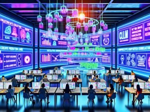 Moderner digitaler Klassenraum: Marketingteams an Laptops und Tablets vor holografischen Analysen zu ROAS, CAC, CLV, ML-Pipelines, Vektordatenbanken und LLM-Orchestrierung.