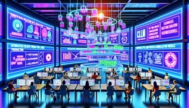 Moderner digitaler Klassenraum: Marketingteams an Laptops und Tablets vor holografischen Analysen zu ROAS, CAC, CLV, ML-Pipelines, Vektordatenbanken und LLM-Orchestrierung.
