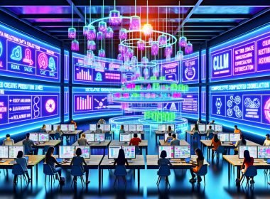 Moderner digitaler Klassenraum: Marketingteams an Laptops und Tablets vor holografischen Analysen zu ROAS, CAC, CLV, ML-Pipelines, Vektordatenbanken und LLM-Orchestrierung.