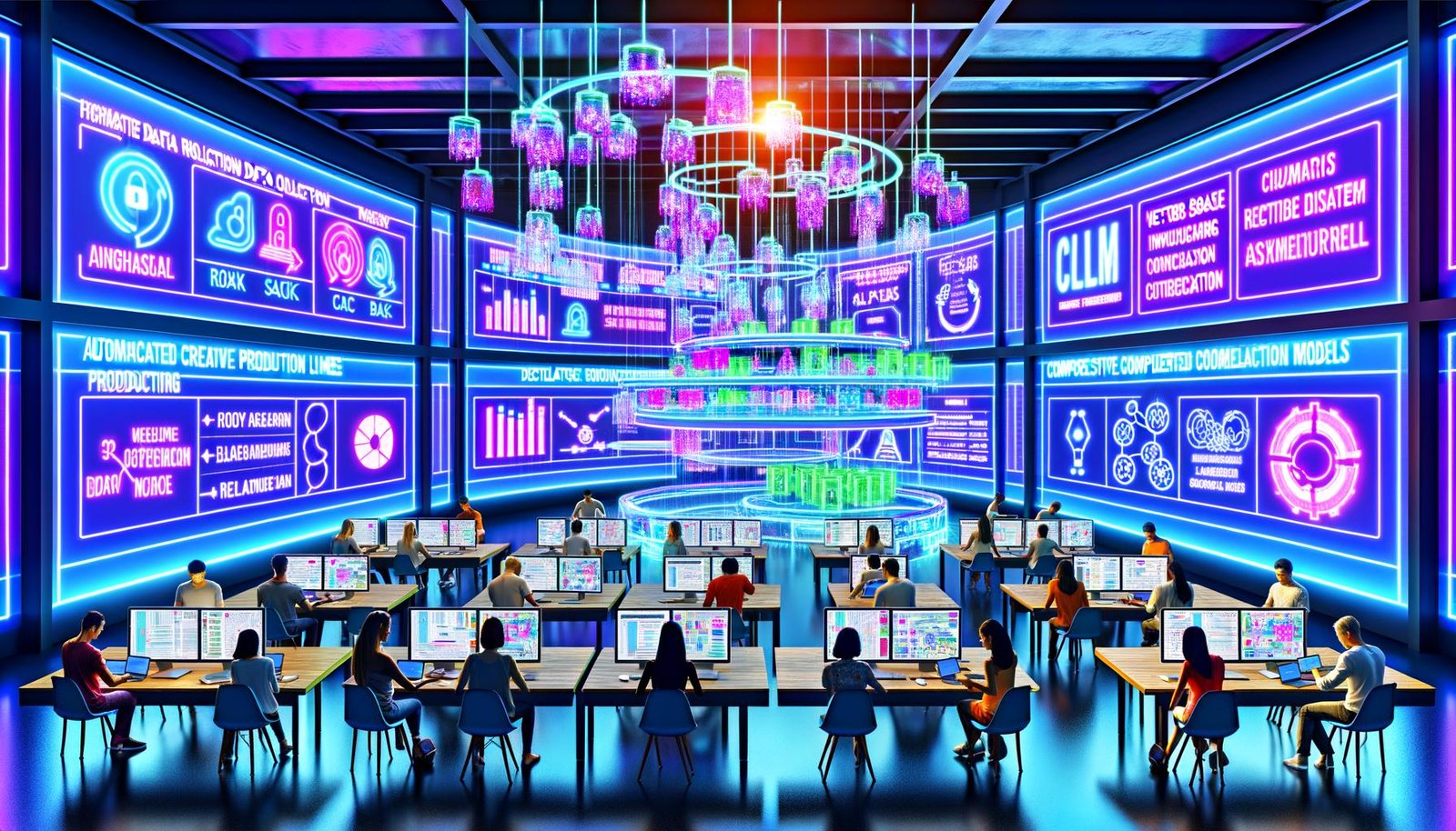 Moderner digitaler Klassenraum: Marketingteams an Laptops und Tablets vor holografischen Analysen zu ROAS, CAC, CLV, ML-Pipelines, Vektordatenbanken und LLM-Orchestrierung.
