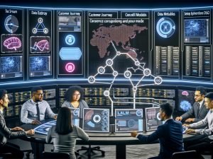 Futuristisches Marketing-Command-Center: diverses Team vor transparentem Touchscreen-Dashboard mit Datenströmen, Consent-Indikatoren und Workflows; im Hintergrund Server, Datenpipelines, neuronale Netze, Event-Streams sowie Icons für Customer Journeys, Vektor-Datenbanken und LLM – klare, DSGVO-konforme Automatisierung mit subtilen Branding-Hinweisen zu 404 Magazine.
