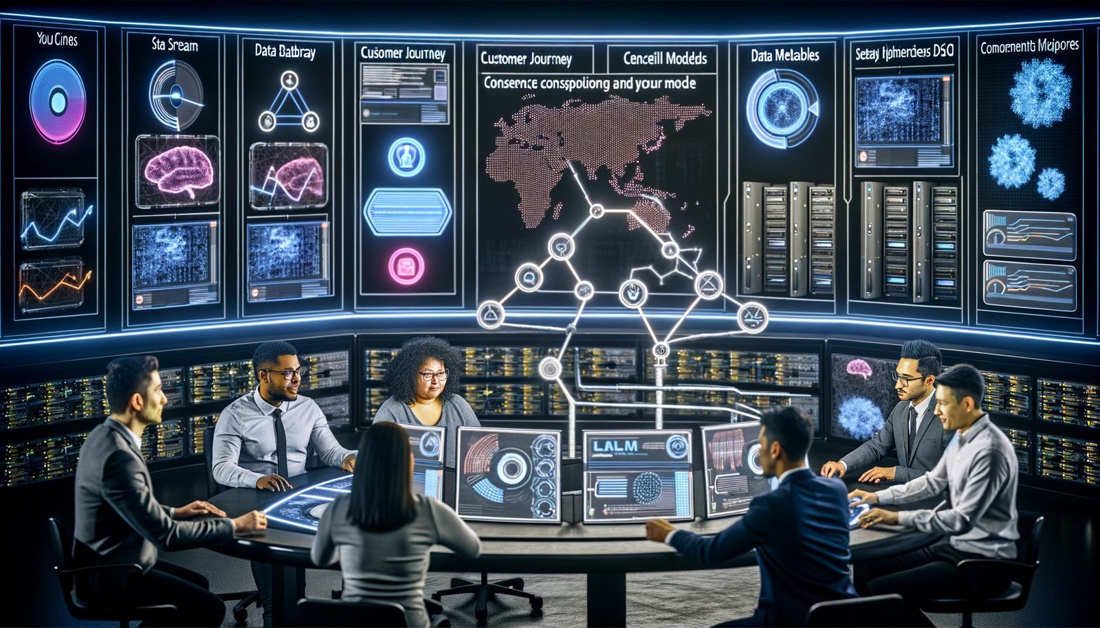Futuristisches Marketing-Command-Center: diverses Team vor transparentem Touchscreen-Dashboard mit Datenströmen, Consent-Indikatoren und Workflows; im Hintergrund Server, Datenpipelines, neuronale Netze, Event-Streams sowie Icons für Customer Journeys, Vektor-Datenbanken und LLM – klare, DSGVO-konforme Automatisierung mit subtilen Branding-Hinweisen zu 404 Magazine.