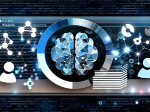 Moderne Illustration zur Schnittstelle von KI und Wikipedia: Offene Artikelseite mit Globus aus Puzzleteilen, die in neuronale Netze und Schaltkreise übergehen; schwebende holografische Ebenen mit Datenpunkten, Q-IDs und Wikidata-Knoten als Wissensgraph; im Hintergrund freundliche Bot-Silhouetten, scrollender Code sowie Zitations-, Buch- und Peer-Review-Symbole.