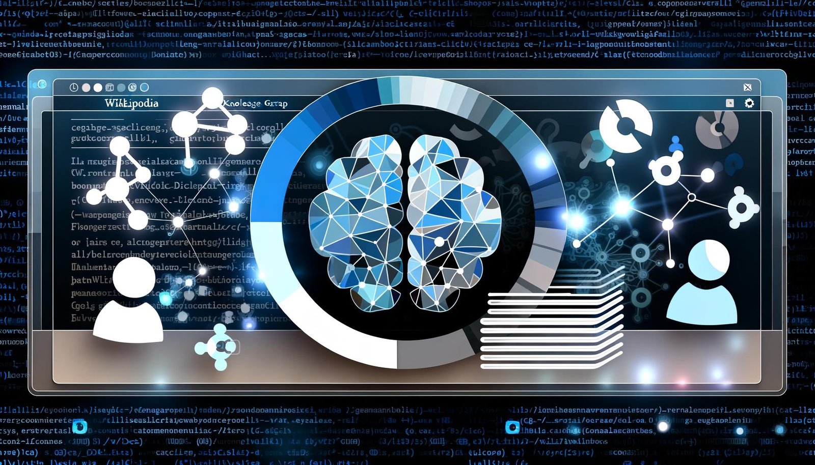 Moderne Illustration zur Schnittstelle von KI und Wikipedia: Offene Artikelseite mit Globus aus Puzzleteilen, die in neuronale Netze und Schaltkreise übergehen; schwebende holografische Ebenen mit Datenpunkten, Q-IDs und Wikidata-Knoten als Wissensgraph; im Hintergrund freundliche Bot-Silhouetten, scrollender Code sowie Zitations-, Buch- und Peer-Review-Symbole.