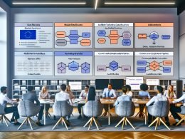 Diverse Marketing-Gruppe vor großem digitalen Dashboard mit Datenflüssen, Pipelines, Data Lake, Feature Store und Compliance-Checklisten; EU-Flaggen-Badge für Konformität, Fraunhofer-Branding, Monitoring und Audit-Trails.