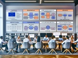 Diverse Marketing-Gruppe vor großem digitalen Dashboard mit Datenflüssen, Pipelines, Data Lake, Feature Store und Compliance-Checklisten; EU-Flaggen-Badge für Konformität, Fraunhofer-Branding, Monitoring und Audit-Trails.