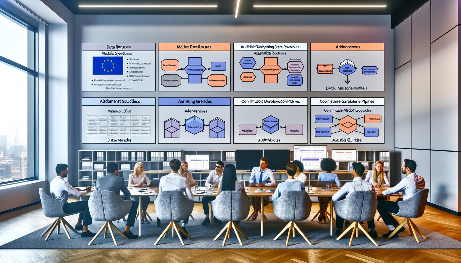 Diverse Marketing-Gruppe vor großem digitalen Dashboard mit Datenflüssen, Pipelines, Data Lake, Feature Store und Compliance-Checklisten; EU-Flaggen-Badge für Konformität, Fraunhofer-Branding, Monitoring und Audit-Trails.