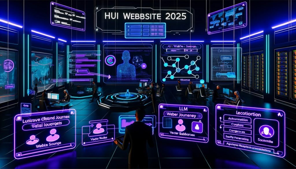 Futuristischer Kontrollraum „KI Website 2025“ mit schwebenden Datenpanels, Team an Touchscreens, KI-Concierge, Website-KPIs sowie LLM-/Vektor-Datenbank- und Sicherheitsarchitektur.