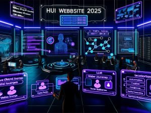 Futuristischer Kontrollraum „KI Website 2025“ mit schwebenden Datenpanels, Team an Touchscreens, KI-Concierge, Website-KPIs sowie LLM-/Vektor-Datenbank- und Sicherheitsarchitektur.