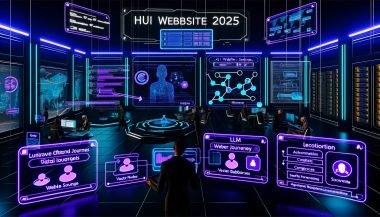 Futuristischer Kontrollraum „KI Website 2025“ mit schwebenden Datenpanels, Team an Touchscreens, KI-Concierge, Website-KPIs sowie LLM-/Vektor-Datenbank- und Sicherheitsarchitektur.