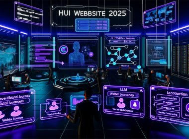 Futuristischer Kontrollraum „KI Website 2025“ mit schwebenden Datenpanels, Team an Touchscreens, KI-Concierge, Website-KPIs sowie LLM-/Vektor-Datenbank- und Sicherheitsarchitektur.