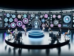 Moderner, minimalistisch gestalteter Kontrollraum mit leuchtenden Dashboards und großen Screens; diverse Marketingprofis arbeiten kollaborativ vor vernetzten Datenströmen, KI-Algorithmen und Echtzeit-Analytics; schwebende Symbole für Generative Content, Feature Store, MLOps und Model Governance verbinden Entscheidungen entlang der Customer Journey – KI als operativer Motor im digitalen Marketing-Mix.
