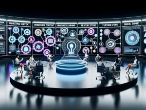 Moderner, minimalistisch gestalteter Kontrollraum mit leuchtenden Dashboards und großen Screens; diverse Marketingprofis arbeiten kollaborativ vor vernetzten Datenströmen, KI-Algorithmen und Echtzeit-Analytics; schwebende Symbole für Generative Content, Feature Store, MLOps und Model Governance verbinden Entscheidungen entlang der Customer Journey – KI als operativer Motor im digitalen Marketing-Mix.