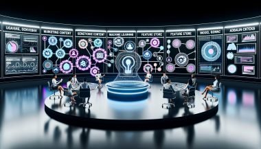 Moderner, minimalistisch gestalteter Kontrollraum mit leuchtenden Dashboards und großen Screens; diverse Marketingprofis arbeiten kollaborativ vor vernetzten Datenströmen, KI-Algorithmen und Echtzeit-Analytics; schwebende Symbole für Generative Content, Feature Store, MLOps und Model Governance verbinden Entscheidungen entlang der Customer Journey – KI als operativer Motor im digitalen Marketing-Mix.