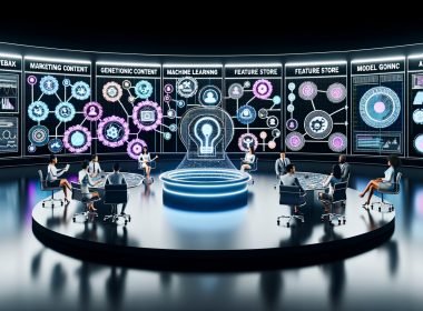 Moderner, minimalistisch gestalteter Kontrollraum mit leuchtenden Dashboards und großen Screens; diverse Marketingprofis arbeiten kollaborativ vor vernetzten Datenströmen, KI-Algorithmen und Echtzeit-Analytics; schwebende Symbole für Generative Content, Feature Store, MLOps und Model Governance verbinden Entscheidungen entlang der Customer Journey – KI als operativer Motor im digitalen Marketing-Mix.