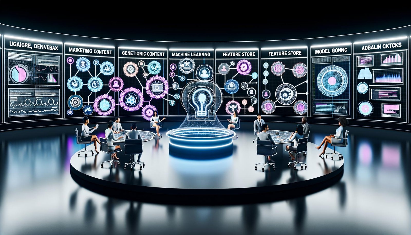 Moderner, minimalistisch gestalteter Kontrollraum mit leuchtenden Dashboards und großen Screens; diverse Marketingprofis arbeiten kollaborativ vor vernetzten Datenströmen, KI-Algorithmen und Echtzeit-Analytics; schwebende Symbole für Generative Content, Feature Store, MLOps und Model Governance verbinden Entscheidungen entlang der Customer Journey – KI als operativer Motor im digitalen Marketing-Mix.