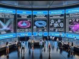 Futuristischer KI-Kontrollraum mit Marketing und Engineering; holografische Analytics, KPIs, KI-Modelle, CRM, Guardrails und Datenschutz; Schichten Data/Models/Orchestration/Delivery sichtbar.