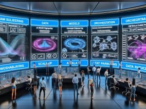 Futuristischer KI-Kontrollraum mit Marketing und Engineering; holografische Analytics, KPIs, KI-Modelle, CRM, Guardrails und Datenschutz; Schichten Data/Models/Orchestration/Delivery sichtbar.