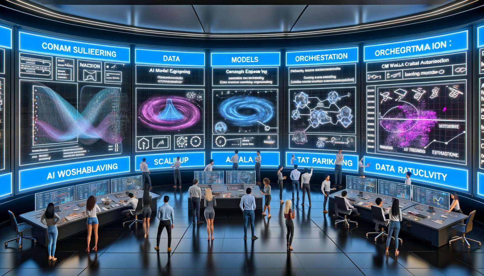 Futuristischer KI-Kontrollraum mit Marketing und Engineering; holografische Analytics, KPIs, KI-Modelle, CRM, Guardrails und Datenschutz; Schichten Data/Models/Orchestration/Delivery sichtbar.