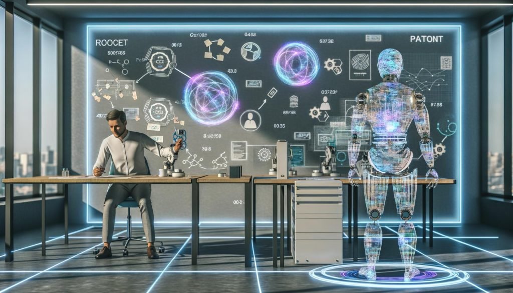 Futuristisches Labor: Menschlicher Forscher arbeitet am digitalen Whiteboard mit einem anthropomorphen Roboter aus Datenströmen und Leiterbahnen; transparente Bildschirme mit Flussdiagrammen, neuronalen Netzen und Patent-Symbolen; autonome Roboterarme prototypisieren, holografische Zeitleiste der Innovation.
