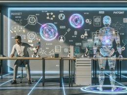 Futuristisches Labor: Menschlicher Forscher arbeitet am digitalen Whiteboard mit einem anthropomorphen Roboter aus Datenströmen und Leiterbahnen; transparente Bildschirme mit Flussdiagrammen, neuronalen Netzen und Patent-Symbolen; autonome Roboterarme prototypisieren, holografische Zeitleiste der Innovation.
