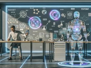 Futuristisches Labor: Menschlicher Forscher arbeitet am digitalen Whiteboard mit einem anthropomorphen Roboter aus Datenströmen und Leiterbahnen; transparente Bildschirme mit Flussdiagrammen, neuronalen Netzen und Patent-Symbolen; autonome Roboterarme prototypisieren, holografische Zeitleiste der Innovation.