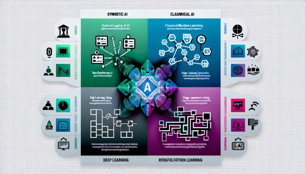 Infografik über die 4 Arten von KI: symbolische KI, klassisches maschinelles Lernen, Deep Learning/generative KI und bestärkendes Lernen; Zentrum mit Hybrid-Architekturen, Rand-Icons für Compliance, Datensicherheit und Monitoring.