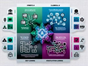 Infografik über die 4 Arten von KI: symbolische KI, klassisches maschinelles Lernen, Deep Learning/generative KI und bestärkendes Lernen; Zentrum mit Hybrid-Architekturen, Rand-Icons für Compliance, Datensicherheit und Monitoring.