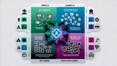 Infografik über die 4 Arten von KI: symbolische KI, klassisches maschinelles Lernen, Deep Learning/generative KI und bestärkendes Lernen; Zentrum mit Hybrid-Architekturen, Rand-Icons für Compliance, Datensicherheit und Monitoring.