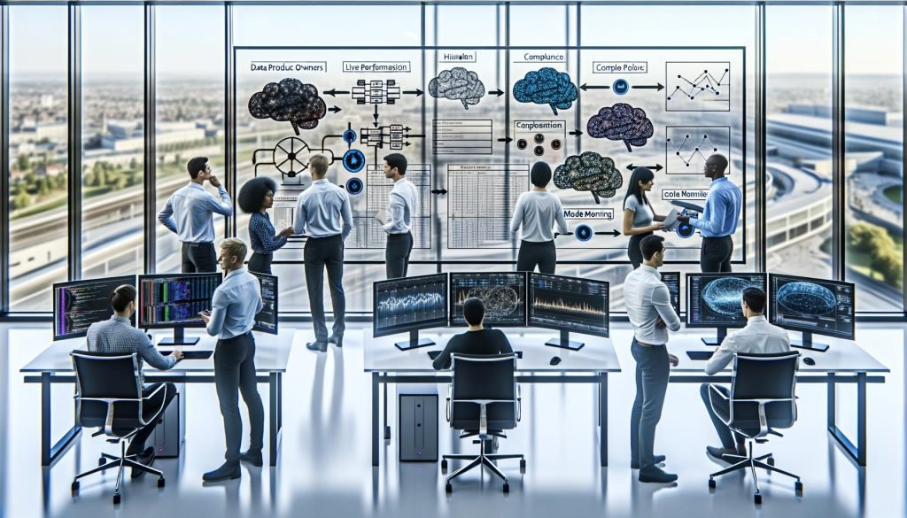 Modernes Hightech-Büro: deutsches KI-Team, Whiteboards mit Datenflüssen und Compliance, Dashboards mit KPIs, GPU-Server, MLOps in Betrieb.