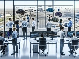Modernes Hightech-Büro: deutsches KI-Team, Whiteboards mit Datenflüssen und Compliance, Dashboards mit KPIs, GPU-Server, MLOps in Betrieb.