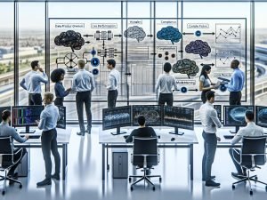 Modernes Hightech-Büro: deutsches KI-Team, Whiteboards mit Datenflüssen und Compliance, Dashboards mit KPIs, GPU-Server, MLOps in Betrieb.