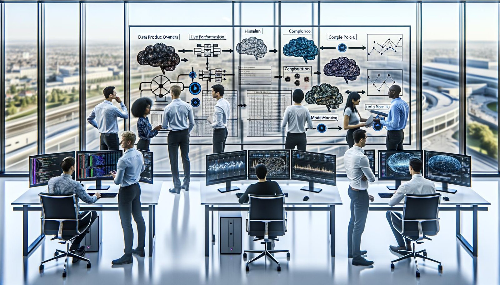 Modernes Hightech-Büro: deutsches KI-Team, Whiteboards mit Datenflüssen und Compliance, Dashboards mit KPIs, GPU-Server, MLOps in Betrieb.