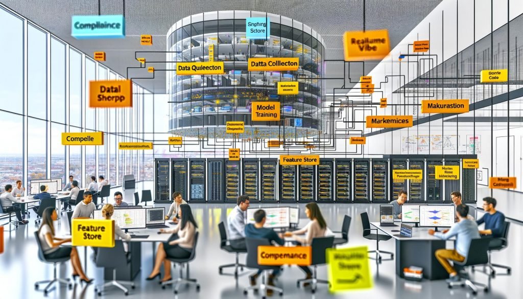 Modernes Berliner Büro mit Forschern, Ingenieuren und Marketern vor Bildschirmen mit Datenpipelines, ML-Modellen und Marketing-Dashboards; Labels BigQuery, Airflow, Feature Store; Laptop mit MLOps-Code; GPU-Server und Berliner Skyline.