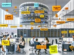 Modernes Berliner Büro mit Forschern, Ingenieuren und Marketern vor Bildschirmen mit Datenpipelines, ML-Modellen und Marketing-Dashboards; Labels BigQuery, Airflow, Feature Store; Laptop mit MLOps-Code; GPU-Server und Berliner Skyline.