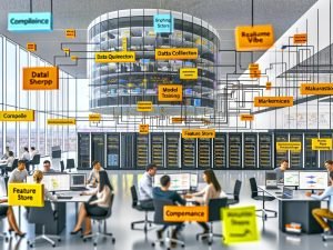 Modernes Berliner Büro mit Forschern, Ingenieuren und Marketern vor Bildschirmen mit Datenpipelines, ML-Modellen und Marketing-Dashboards; Labels BigQuery, Airflow, Feature Store; Laptop mit MLOps-Code; GPU-Server und Berliner Skyline.