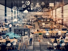 Futuristischer Open‑Space in Berlin: interdisziplinäre Teams an KI‑Modellen und Kampagnen‑Analytics; Echtzeit‑KPIs, GPU‑Cluster und Datenschutz‑Compliance.