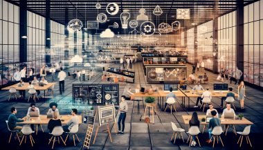 Futuristischer Open‑Space in Berlin: interdisziplinäre Teams an KI‑Modellen und Kampagnen‑Analytics; Echtzeit‑KPIs, GPU‑Cluster und Datenschutz‑Compliance.