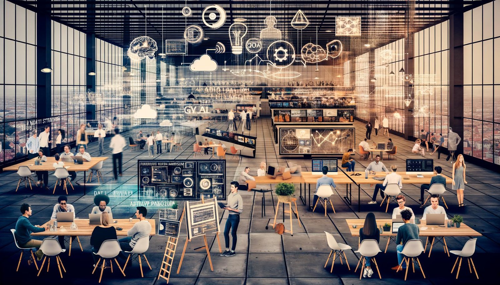 Futuristischer Open‑Space in Berlin: interdisziplinäre Teams an KI‑Modellen und Kampagnen‑Analytics; Echtzeit‑KPIs, GPU‑Cluster und Datenschutz‑Compliance.