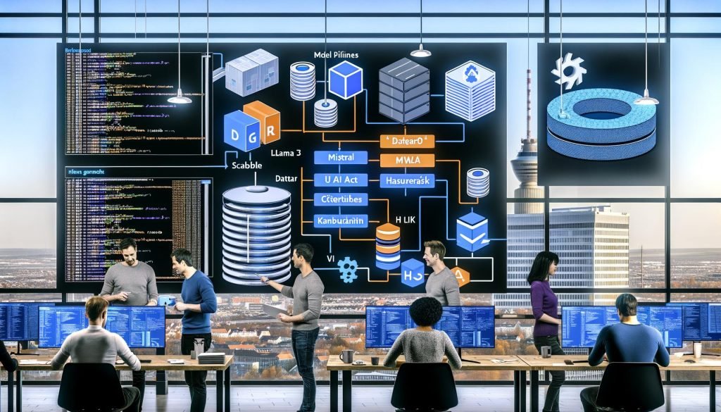Modernes deutsches Büro: ein diverses Team arbeitet konzentriert vor Bildschirmen mit Code, Datenpipelines und KI-Dashboards; Logos von Llama 3, Mistral und Haystack; Whiteboard mit DSGVO, EU AI Act und Datensouveränität; GPU-Server mit Kubernetes und vLLM; im Hintergrund Enterprise-Kontext mit SAP/SharePoint.